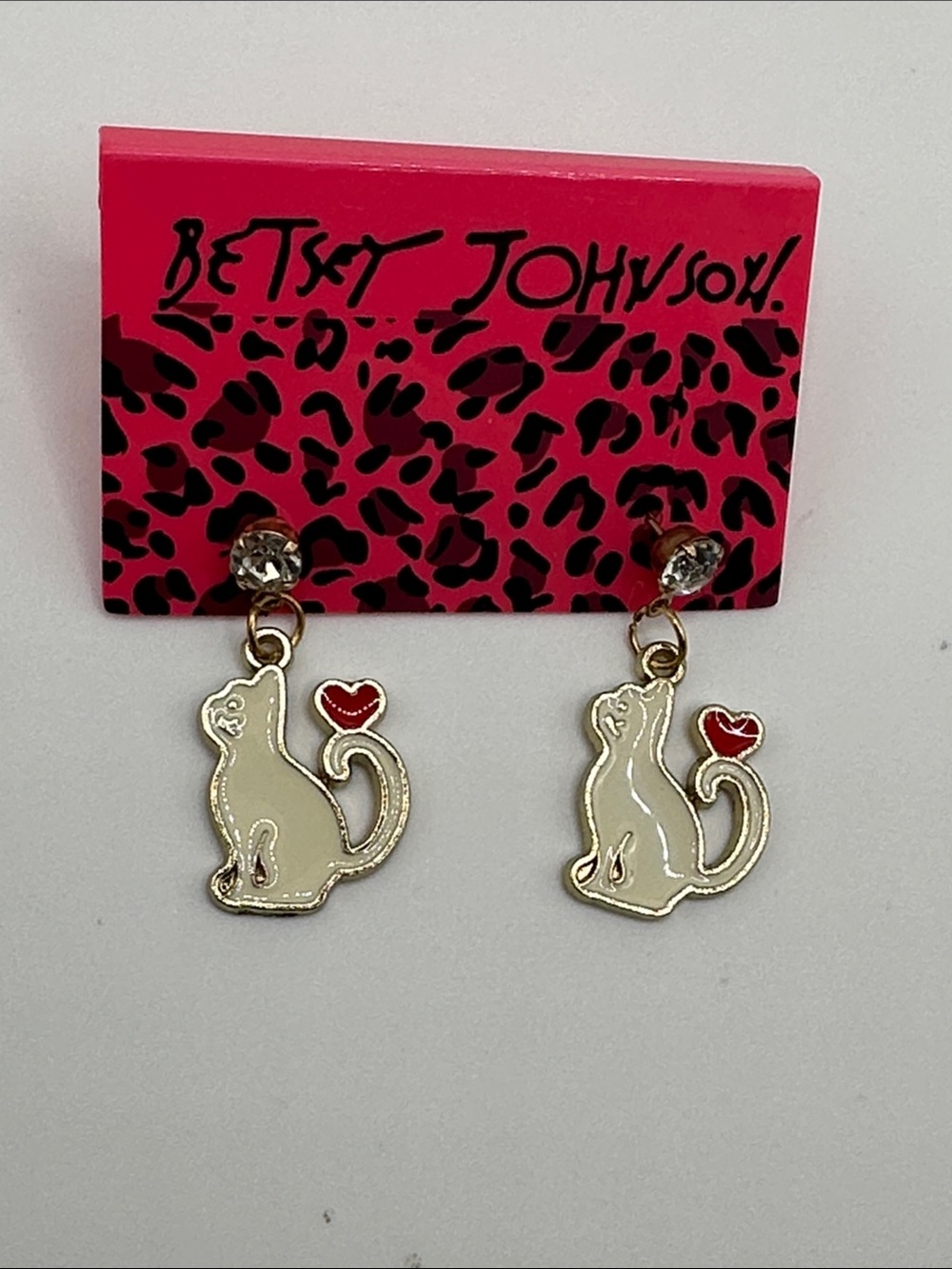 Betsey Johnson White Cat Earrings with Red Heart Accent